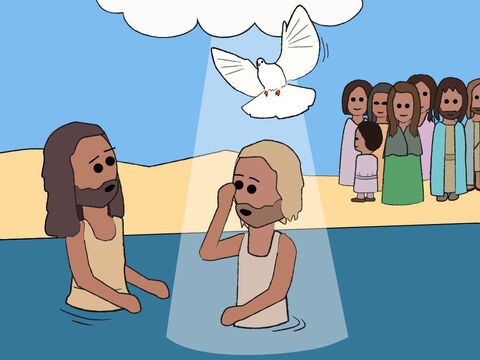 Sobald Jesus aus dem Wasser stieg, öffneten sich die Himmel und er sah, wie der Geist Gottes wie eine Taube herabkam. Eine Stimme vom Himmel sagte: „Dies ist mein geliebter Sohn, und ich bin wunderbar zufrieden mit ihm.“ – Folie 19