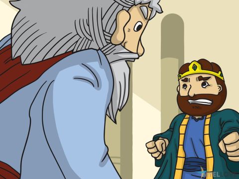 Im dritten Jahr ohne Regen befahl der Herr Elia, zu König Ahab zu gehen.<br/>„Ihr habt den Geboten des Herrn nicht gehorcht und stattdessen falsche Götter angebetet. Sag nun dem ganzen Volk Israel, es solle mich am Berg Karmel treffen. Bring auch die Propheten der falschen Götter Baal und Aschera mit, alle 850!” – Folie 1