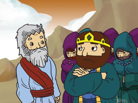 Da rief Ahab alle Israeliten und diese Propheten zum Berg Karmel. Elia stand vor allen und sagte: „Wie lange wollt ihr versuchen, sowohl Baal als auch dem Herrn zu dienen? Wenn der Herr der wahre Gott ist, dann folgt ihm. Aber wenn Baal der wahre Gott ist, dann folgt ihm! Bringt zwei Stiere her. Die Propheten Baals sollen einen Stier auswählen, ihn schlachten und auf ihren Altar stellen. Aber sie dürfen ihn nicht anzünden. Dann werde ich den anderen Stier schlachten. Aber ich werde ihn nicht anzünden. Ihr Propheten Baals, betet zu eurem Gott! Und ich werde zum Herrn beten. Der Gott, der antwortet, indem er das Holz auf dem Altar anzündet, ist der wahre Gott.” – Folie 2