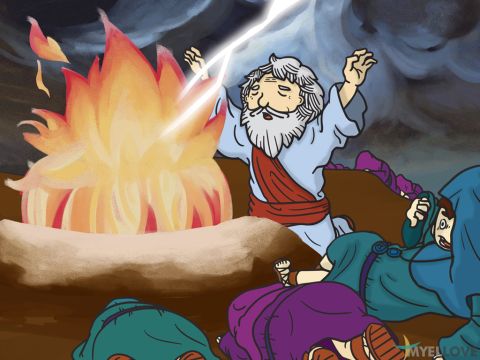 Plötzlich kam Feuer vom Herrn herab. Es verbrannte das Opfer, das Holz, die Steine ​​und den Boden um den Altar. Auch das Wasser im Graben trocknete aus. Als alle das sahen, warfen sie sich zu Boden. Sie riefen: „Der Herr ist Gott! Der Herr ist Gott!“ – Folie 5