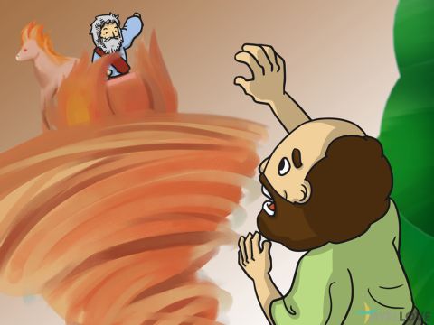 Viele Jahre später, als Elia alt war, nahm Gott ihn in einem feurigen Wagen in den Himmel auf. Ein Prophet namens Elisa wurde von Gott auserwählt, sein Werk fortzusetzen und den Menschen zu verkünden, was Gott ihnen sagen wollte. – Folie 7