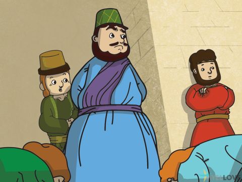 Der König ernannte Haman zum zweitmächtigsten Mann seines Königreichs. Haman war ein stolzer Mann, der von allen, die im Palast arbeiteten, verlangte, sich vor ihm zu verneigen. Und alle taten es, außer Mordechai. Als Jude verneigte er sich vor niemandem außer Gott. Dies erzürnte Haman, und als er erfuhr, dass Mordechai Jude war, schmiedete er einen bösen Plan, um Mordechais gesamtes Volk, die Juden, im gesamten Königreich von Xerxes zu vernichten.<br/>Er brachte den König dazu, ein Gesetz zu unterzeichnen, das besagte, dass am 13. Tag des ersten Monats alle Juden – Jung und Alt, Frauen und Kinder – getötet und ihre Güter geplündert werden sollten. – Folie 2