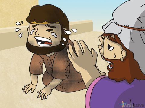 Als Mordechai von dem neuen Gesetz erfuhr, zerriss er seine Kleider, legte Sack und Asche an und ging in die Stadt hinaus, wobei er laut und bitterlich jammerte. Unter den Juden herrschte viel Fasten, Weinen und Klagen.<br/>Als Königin Ester von dem neuen Gesetz hörte, wusste sie, dass sie die Einzige war, die ihrem Volk, den Juden, helfen konnte.<br/>Ester sandte eine Nachricht an Mordechai: „Sag allen Juden, sie sollen für mich beten. Ihr dürft drei Tage und Nächte lang weder essen noch trinken. Ich und meine Diener werden ebenfalls fasten und beten. Obwohl ich Königin bin, kann ich nicht zum König gehen, es sei denn, ich werde gerufen, aber ich werde vor den Thron treten, selbst wenn ich mein Leben riskiere.“ – Folie 3