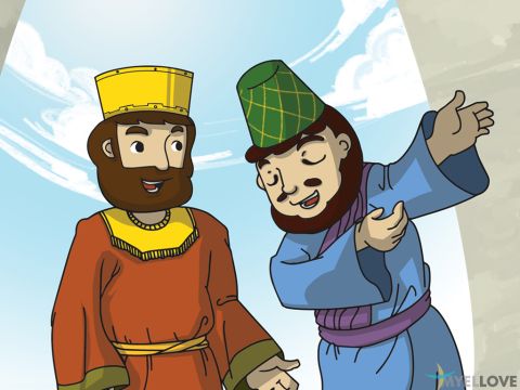 Nach drei Tagen des Gebets ging Ester in den Palast, um den König zu sehen. Der König hob sein goldenes Zepter, um zu zeigen, dass sie sich ihm nähern konnte. „Was willst du, Königin Ester?“<br/>Die Königin antwortete: „Ich möchte ein Festmahl nur für uns beide und Haman.“ Der König stimmte zu. Haman war hocherfreut über die Ehre, bei dem Festmahl eingeladen zu sein. Er prahlte damit, wie großartig er sei. Alle verneigten sich vor ihm – außer Mordechai. Das machte Haman wütend. Er beschloss, den König beim Festmahl zu bitten, Mordechai an einem großen Holzpfahl vor seinem Haus töten zu lassen. – Folie 4