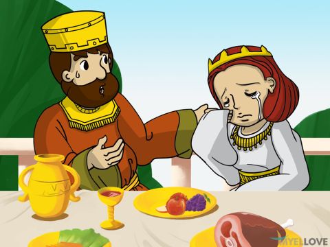 Am nächsten Tag fragte der König Ester beim Festmahl: „Was kann ich für dich tun?“<br/>„Mein Leben ist in Gefahr“, antwortete Ester. „Ich und mein Volk sollen vernichtet werden.“<br/>Der König war verwirrt: „Wo ist er – der Mann, der es gewagt hat, so etwas zu tun?“<br/>Ester deutete auf ihren Gast. „Dieser abscheuliche Haman!“<br/>Haman sah plötzlich erschrocken aus. Er wusste nicht, dass Ester eine Jüdin war. – Folie 5