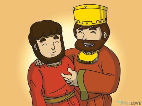 Dann erließ der König ein neues Gesetz, das den Juden Schutz bot. Mordechai erhielt königliche Gewänder in Blau und Weiß, einen Siegelring und ein purpurnes Gewand aus feinem Leinen. Unter den Juden gab es ein großes Festmahl und große Feierlichkeiten. Und seitdem feiern die Juden jedes Jahr das Purimfest, ein freudiges Fest, um an Ester zu erinnern und daran, wie Gott sie benutzte, um sein Volk zu retten. – Folie 7