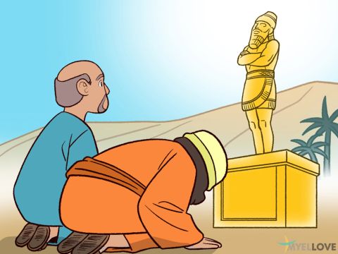 König Nebukadnezar von Babylon ließ eine riesige goldene Statue errichten und bat alle Herrscher seines Königreichs, sich davor zu versammeln.<br/>Als sie alle angekommen waren und vor der Statue standen, rief ein Herold: „Der König befiehlt, dass ihr euch, sobald die Musik spielt, flach auf den Boden werfen sollt, um die goldene Statue anzubeten. Wer sich weigert, wird sofort in den Feuerofen geworfen.“<br/>Als die Musik zu spielen begann, fielen alle – unabhängig von Nation, Sprache oder Religion – zu Boden und beteten die Statue an. – Folie 1
