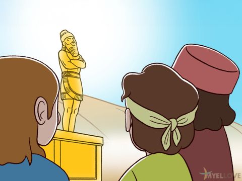 Alle verneigten sich – außer drei Juden. Ihre Namen waren Meschach, Schadrach und Abed-Nego. Sie glaubten an den einen wahren Gott und weigerten sich, sich vor diesem Götzenbild niederzuwerfen. – Folie 2
