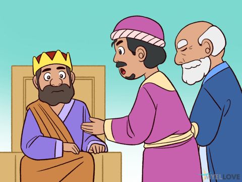 Einige babylonische Beamte meldeten sie dem König: „Schadrach, Meschach und Abed-Nego, die du zu Herrschern in deinem Königreich gemacht hast, weigern sich, deinen Göttern zu dienen oder die goldene Statue anzubeten, die du aufgestellt hast.”<br/>König Nebukadnezar geriet in furchtbare Wut und befahl, die drei Juden vor ihn zu bringen. – Folie 3