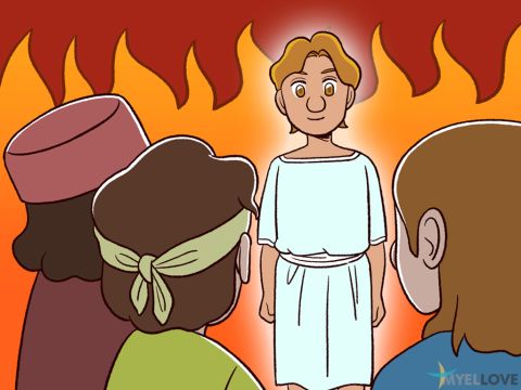 Plötzlich, während er zusah, sprang Nebukadnezar erstaunt auf und rief seinen Beratern zu: „Haben wir nicht drei Männer in den Ofen geworfen?“<br/>„Doch“, sagten sie, „das haben wir tatsächlich, oh König.“<br/>„Seht nur!“, rief Nebukadnezar. „Ich sehe vier Männer, losgebunden, im Feuer umhergehen, und sie sind nicht einmal von den Flammen verletzt. Und der vierte sieht aus wie ein Heiliger.“ – Folie 6