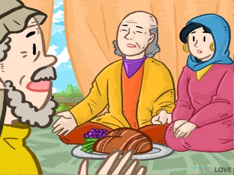 Der Knecht verneigte sich und betete den Herrn an, weil er seine Gebete erhört hatte.<br/>Rebekka lud den Knecht ein, bei ihrer Familie zu bleiben.<br/>Er wollte nicht essen, bis er Rebekkas Familie erzählt hatte, warum er gekommen war und wie Gott sein Gebet erhört hatte. Rebekkas Vater Betuel antwortete: „Das kommt vom Herrn. Hier ist Rebekka, nimm sie und geh, und lass sie die Frau Isaaks werden, wie der Herr es angeordnet hat.“<br/>Der Knecht gab der Familie die Geschenke, die er für sie mitgebracht hatte. – Folie 3