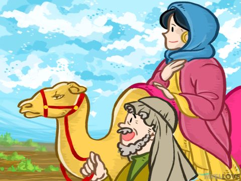 Rebekkas Familie wollte, dass sie zehn Tage blieb, doch der Knecht bestand darauf, dass sie sofort aufbrachen. So segnete ihre Familie sie, und Rebekka und ihre Dienerinnen reisten nach Kanaan. – Folie 4