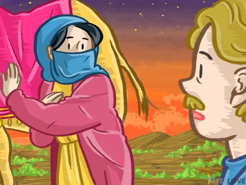 Isaak war auf einem Feld, als er die Kamele ankommen sah. Rebekka verhüllte ihr Gesicht mit einem Schleier. Der Knecht erzählte Isaak alles, was er getan hatte. – Folie 5