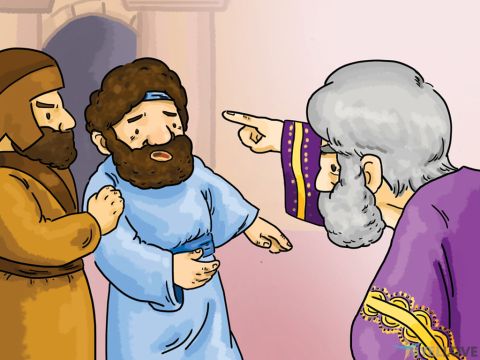 Der König rief seinen Knecht herein und sagte: „Du böser Knecht! Du hast mich gebeten, deine Schulden zu erlassen. Deshalb habe ich dir gesagt, dass du nichts bezahlen musst. Ich hatte Mitleid mit dir. Du hättest dasselbe Mitleid mit dem anderen Knecht haben sollen.“ – Folie 6