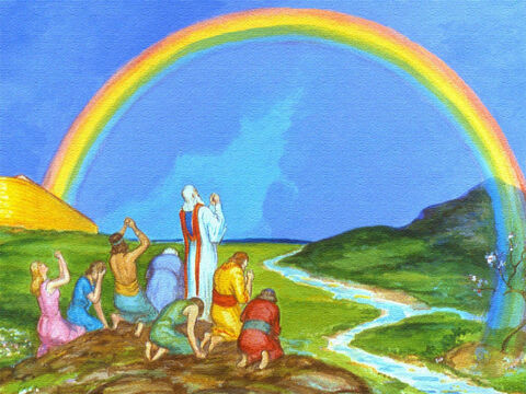 Gott setzte einen Regenbogen in die Wolken als Versprechen, dass er die Erde nie wieder durch eine Flut zerstören würde. Die Bibel sagt uns, dass Ungehorsam immer noch Gottes Urteil nach sich zieht, aber durch Jesus hat Gott einen Weg geschaffen, auf dem wir Vergebung und Erlösung erfahren können. – Folie 47