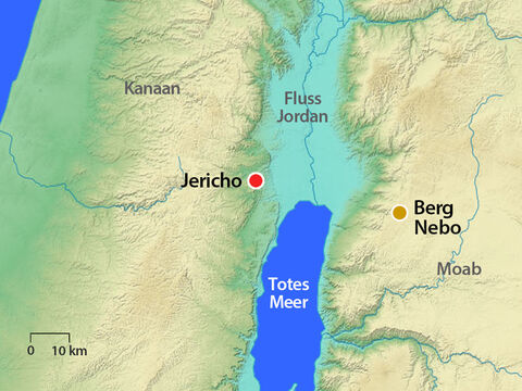 Mose stieg von den Ebenen Moabs auf den Berg Nebo, den Gipfel Pisga, der Jericho gegenüber liegt. Und Gott zeigte ihm die Orten im verheißenen Land, auch das Jordantal und Jericho. – Folie 14