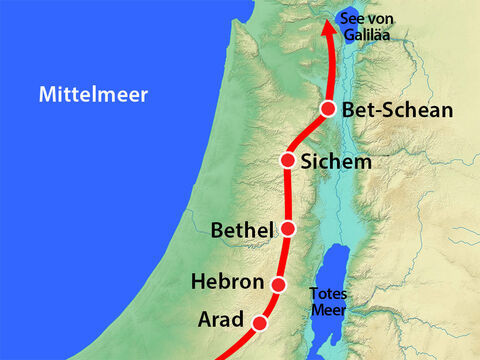 Sie zogen weiter nördlich durch das Gebirgsland, wo die Hetiter, Jebusiter und Amoriter wohnten, und dann zum Fluss Jordan und zum See Galilea, wo sie die Kanaaniter sahen. – Folie 7