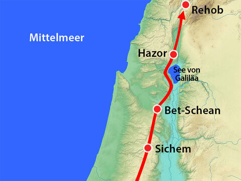 Sie zogen nach Norden bis nach Rehob, dann kehrten sie um und nahmen den gleichen Weg zurück. – Folie 9