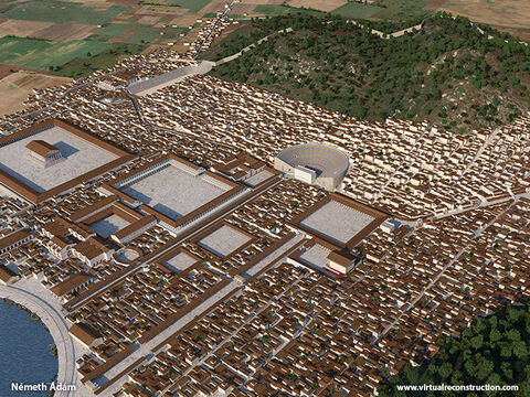 Ephesus liegt nahe der Westküste der heutigen Türkei, wo das Ägäische Meer auf die ehemalige Mündung des Flusses Kaystros (Kleine Mäander) trifft.<br/>Als Augustus 27 v. Chr. Kaiser wurde, machte er Ephesus zur Hauptstadt Westkleinasiens. Ephesus erlebte daraufhin eine Zeit des Wohlstands und entwickelte sich zu einem wichtigen Handelszentrum. Laut Strabo kam es in Bezug auf Bedeutung und Größe nach Rom an zweiter Stelle. Von 52–55 n. Chr. lebte der Apostel Paulus in Ephesus. Die Christen in Ephesus gehörten zu einer der sieben Gemeinden Asiens, die im Buch der Offenbarung erwähnt werden. Dies ist eine 3D-Rekonstruktion, wie Ephesus zur Zeit des Apostels Paulus aussah. – Folie 1