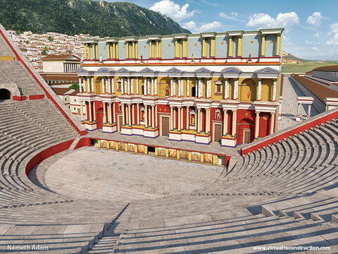 Der Pöbel schleppte Gaius und Aristarch in das Amphitheater in Ephesus mit 25.000 Sitzplätzen. Dies ist eine Rekonstruktion dessen, wie es aussah. Juden in der Menge drängten Alexander nach vorne, um sich vor dem Volk zu verteidigen, aber er wurde zwei Stunden lang von denen niedergeschrien, die riefen: „Groß ist die Artemis der Epheser!“ Schließlich brachte der Stadtschreiber die Menge zum Schweigen und löste die Versammlung auf (Apostelgeschichte 19,23-41). – Folie 15