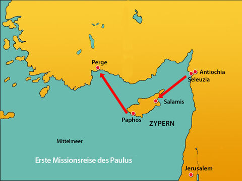 Paulus, Barnabas und Markus segelten von Paphos in Zypern in Richtung des Hafens von Perge. – Folie 1