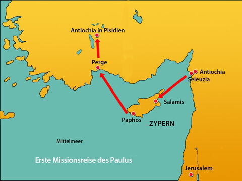 Paulus und Barnabas zogen weiter nach Pisidien und kamen in die Hauptstadt Antiochia. Antiochia in Pisidien war eine wichtige Handelsstadt, in der sich einige Handelswege trafen. – Folie 4