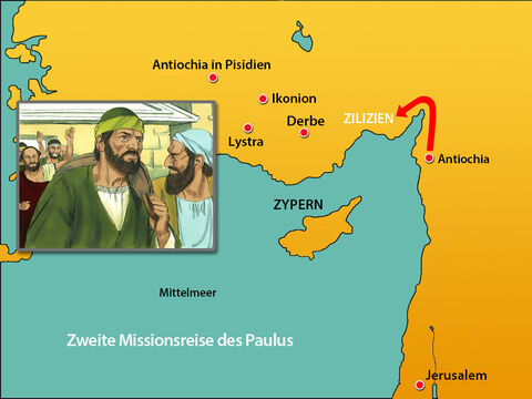 Sie zogen durch Syrien und durch Kilikien. Silas konnten den Heidenchristen die Briefe der Ältesten aus Jerusalem zeigen, um ihnen zu helfen und sie zu ermutigen. Beide Männer lehrten Gottes Wort, um den Gemeinden zu helfen, im Glauben zu wachsen. – Folie 5