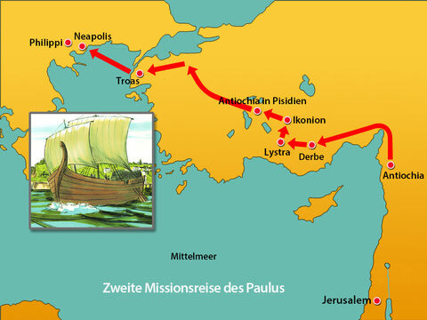 Von dort erreichten sie Philippi, eine große Stadt des Bezirks von Mazedonien und eine römische Kolonie. – Folie 14