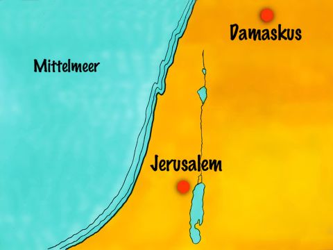 Saulus bekam diese Briefe und reise ab nach Damaskus. Er bedrohte die, die glaubten, dass Jesus „der Weg” zu Gott war. – Folie 4