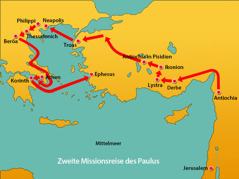 Dann segelte er nach Ephesus und nahm Priszilla und Aquilla mit sich. – Folie 14