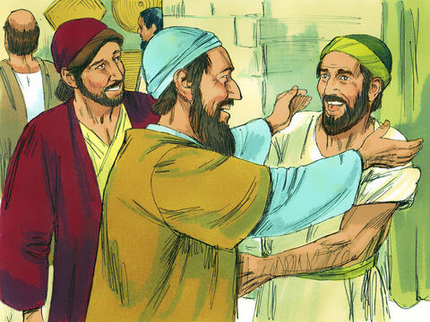 Nach einer Zeit kamen Silas und Timotheus von Mazedonien zu Paulus. Mutig erzählten sie weiter anderen von Jesus. – Folie 4