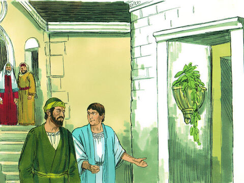 Paulus ging hinaus und kam in das Haus von Titius Justus, einem Heiden, der Gott anbetete, und der neben der Synagoge wohnte. Krispus, der Vorsteher der Synagoge glaubte mit seinem ganzen Haus an den Herrn. – Folie 6
