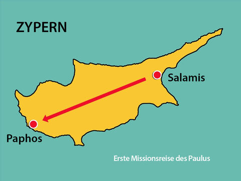 Schließlich kamen sie in Paphos an, wo der römische Statthalter Sergius Paulus lebte und regierte. Der Statthalter war ein intelligenter Mann. Er schickte nach Barnabas und Saulus, denn er wollte das Wort Gottes hören. – Folie 15