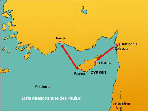 In Paphos gingen Paulus, Barnabas und Markus an Bord eines Schiffes nach Perge und setzten ihre Reise fort. – Folie 19