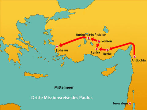 Nach seiner zweiten Missionsreise verbrachte Paulus einige Zeit in Antiochia, bevor er ins Umland von Galatien und Phrygien zog und die Christen ermutigte, die er dort traf. Dann zog er nach Ephesus, der viertgrößten Stadt im römischen Reich mit einer Bevölkerung von über 250.000 Menschen. – Folie 1