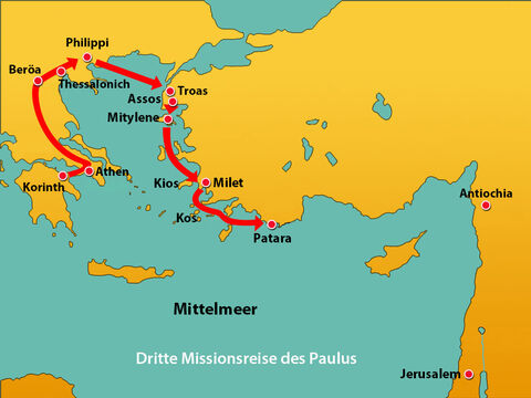 Nachdem Paulus sich von den Ältesten von Ephesus verabschiedet hatte, segelte er geradewegs zur Insel Kos. Am nächsten Tag erreichten sie Rhodos und sie gingen nach Patara. – Folie 1