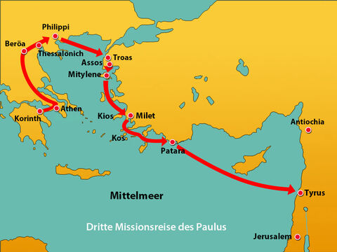 Sie sahen die Insel Zypern, ließen sie links liegen und fuhren zum Hafen von Tyrus, in Syrien. Das Schiff lag eine Zeit im Hafen, um die Ladung abzuladen. – Folie 3