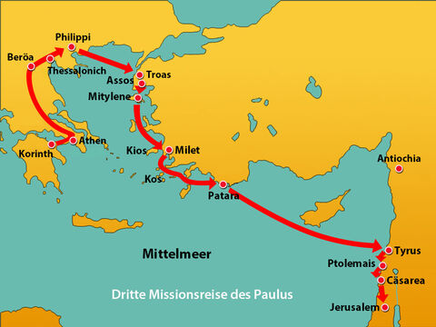 Dann machten sie sich fertig und zogen nach Jerusalem, begleitet von einigen der Gläubigen aus Cäsarea. – Folie 11