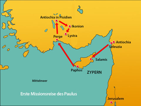 Nach ihrer Flucht aus Ikonium zogen Paulus und Barnabas nach Süden und kamen in die Stadt Lystra. – Folie 1