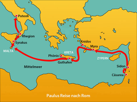 Als sie in Syrakus gelandet waren, blieben sie drei Tage und segelten dann nach Rhegion. Einen Tag später begann ein Südwind zu wehen, so dass sie die Küste hinauf nach Puteoli fuhren. – Folie 6