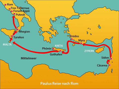 Von dort aus kamen sie nach Norden nach Rom. Die Christen in Rom hatten gehört, dass Paulus auf dem Weg dorthin war und reisten ihm entgegen, und trafen Paulus beim Forum Apii. Anderen schlossen sich Paulus bei Tres Tabernae an. – Folie 8