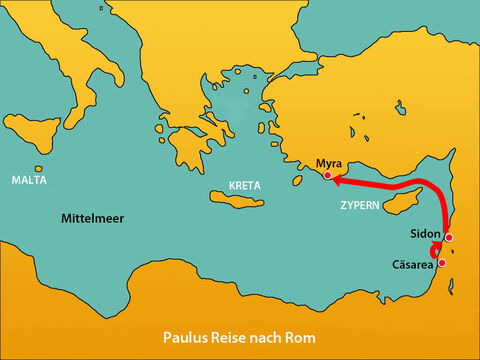 Als sie wieder abfuhren, wehte ein starker Gegenwind, der es ihnen schwierig machte, auf Kurs zu bleiben. Sie kamen an Zypern vorbei und segelten entlang der Küste von Zilizien und Pamphylien und kamen nach Myra. – Folie 3