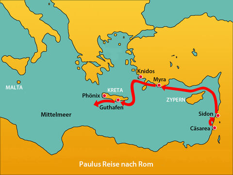 Da aber der Hafen zum Überwintern ungeeignet war, rieten die meisten der Mannschaft dazu, zur Küste von Phönix zu segeln, die geschützter lag, und dort den Winter zu verbringen. Sie lichteten den Anker und segelten entlang der Küste von Kreta. Doch das Wetter änderte sich plötzlich und ein „Nordost” – ein Sturmwind – wehte über die Insel und trieb sie hinaus aufs Meer. – Folie 8