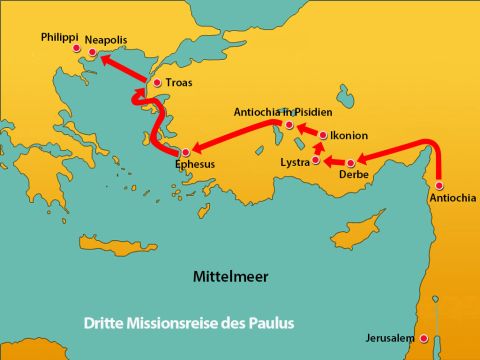 Nach dem Aufruhr in Ephesus brach Paulus nach Troas auf und segelte dann nach Mazedonien. – Folie 1