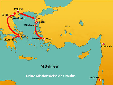 Paulus und seine Begleiter zogen über Land nach Assos, wo sie ein Schiff nach Mitylene nahmen. Am nächsten Tag segelten sie an der Insel Chios vorbei. Am folgenden Tag kamen sie nach Samos und am Tag danach nach Milet. – Folie 14