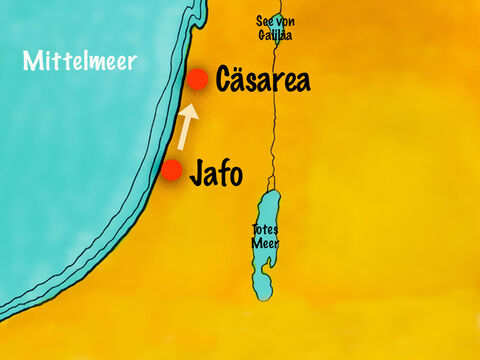 Am nächsten Tag zogen Petrus und einige Christen aus Joppe mit den Boten zu Kornelius nach Cäsarea. – Folie 10