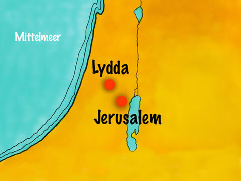 Dieses Wunder war in der Stadt Lydda geschehen und ist in Apg. 9,32-35 beschrieben. – Folie 2