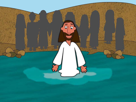 Eines Tages, während Johannes taufte, kam Jesus zum Fluss. Er ging ins Wasser auf Johannes zu, weil er sich taufen lassen wollte. – Folie 2