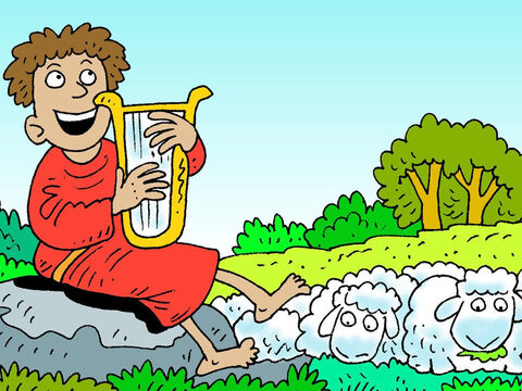 Während er über sie wachte, lernte er Harfe zu spielen und sang Loblieder für Gott. Einige seiner Lieder sind als Psalmen bekannt und in der Bibel zu finden. – Folie 9
