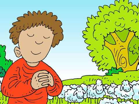 Draußen auf den ruhigen Hügeln lernte er, zu Gott zu beten und ihm zu vertrauen. – Folie 10